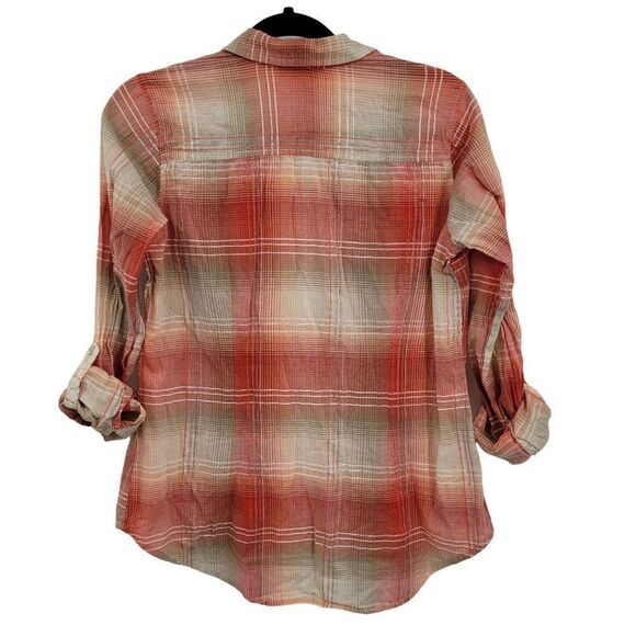 Dress Barn Lightweight Roll Tab Sleeve Blouse S Peach Coral Plaid Button India - Picture 5 of 15